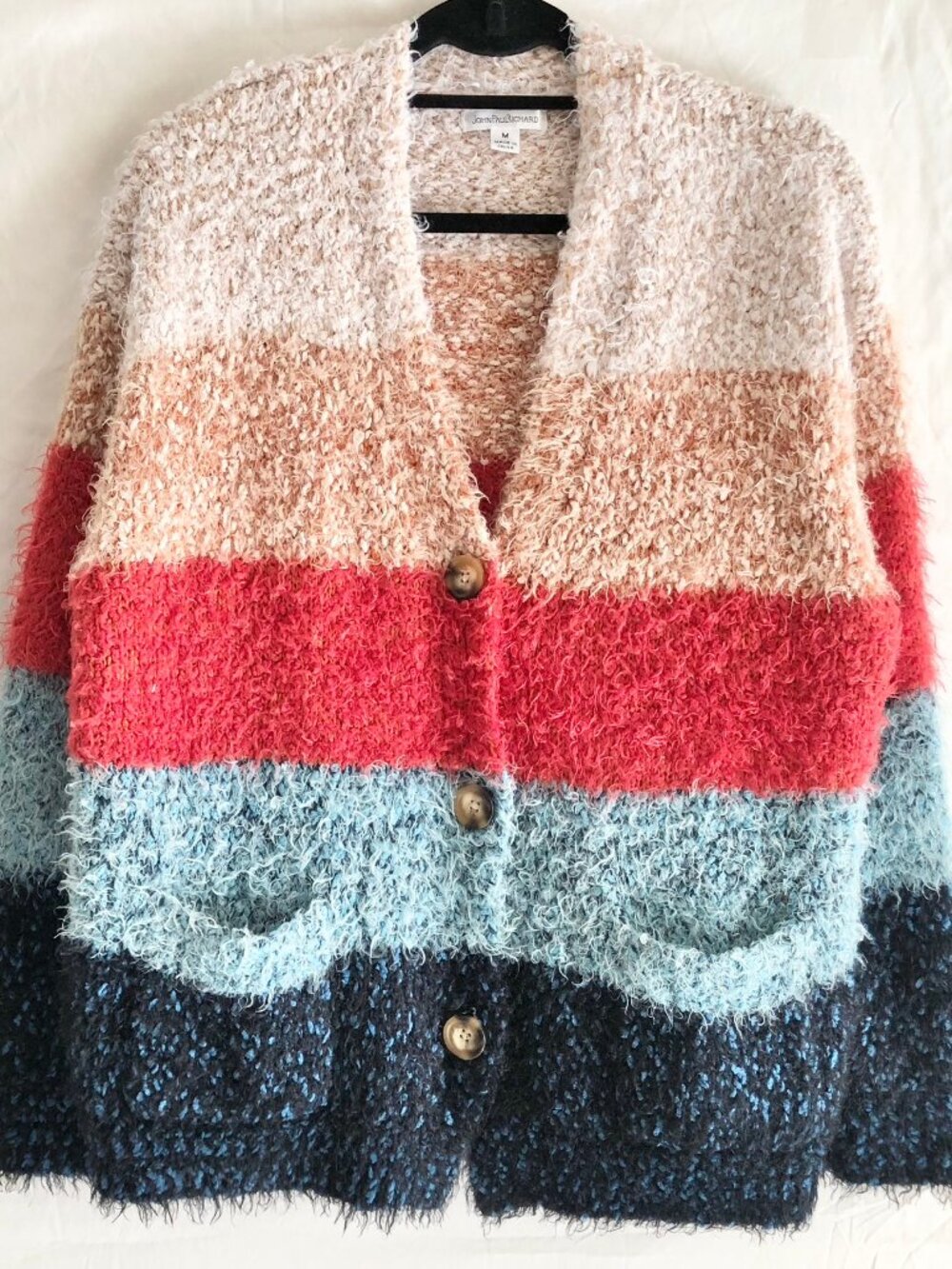 John Paul Richard Shaggy Knit Cardigan Sweater Block Stripe Size M